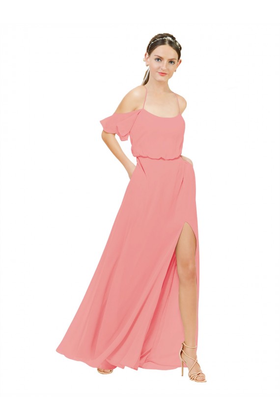Günstige Wassermelone A-Linien Off-Schulter Chiffon Lange Brautjungfernkleider