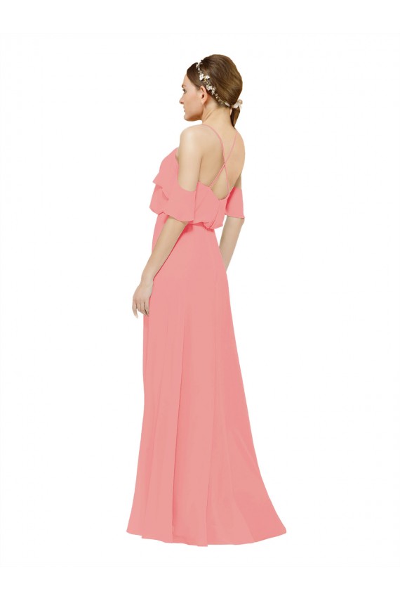 Günstige Wassermelone A-Linien Off-Schulter Chiffon Lange Brautjungfernkleider