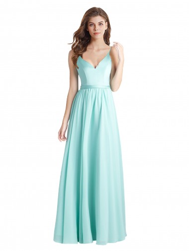 Günstige Waterfall A-Linien V-Ausschnitt Chiffon Satin Lange Brautjungfernkleider