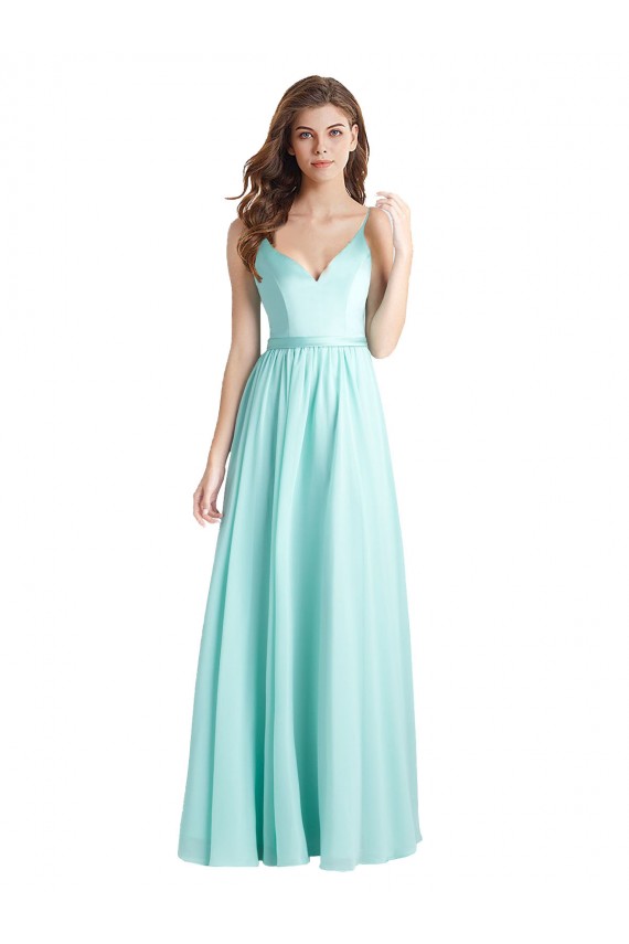 Günstige Waterfall A-Linien V-Ausschnitt Chiffon Satin Lange Brautjungfernkleider