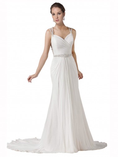 Günstige Weiß Etui Kapelle-schleppe Chiffon Strand Brautkleider