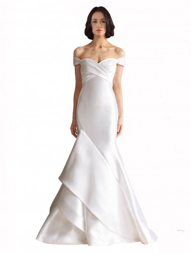 Günstige Weiß Meerjungfrau Off-Schulter Kapelle-schleppe Satin Strand Brautkleider