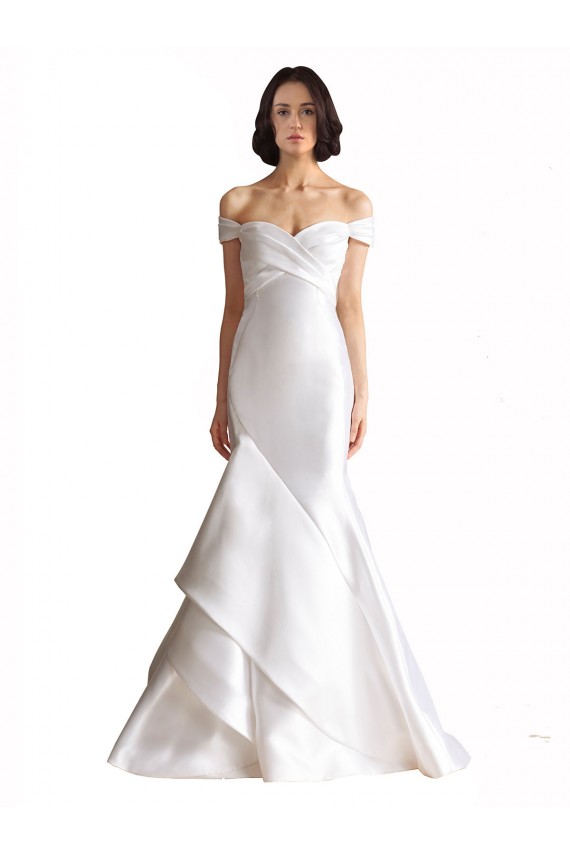 Günstige Weiß Meerjungfrau Off-Schulter Kapelle-schleppe Satin Strand Brautkleider
