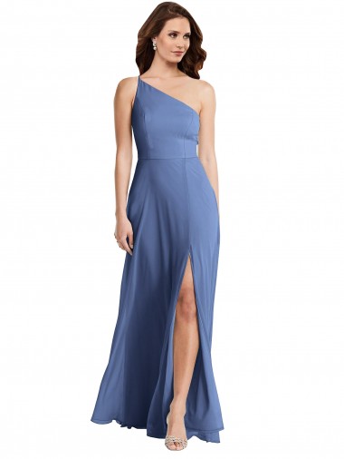 Günstige Windsor Blau A-Linien Eine-Schulter Chiffon Lange Formale Brautjungfernkleider / Abendkleider