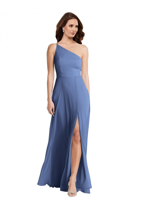 Günstige Windsor Blau A-Linien Eine-Schulter Chiffon Lange Formale Brautjungfernkleider / Abendkleider