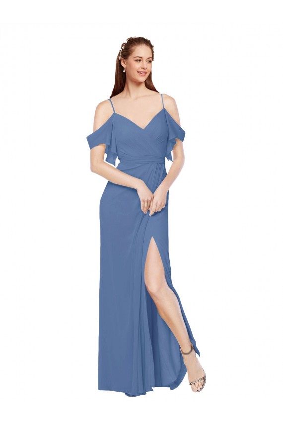 Günstige Windsor Blau A-Linien Off-Schulter Chiffon Lange Brautjungfernkleider