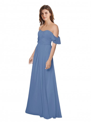 Günstige Windsor Blau A-Linien Off-Schulter Trägerlos Chiffon Lange Brautjungfernkleider
