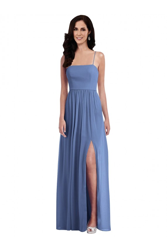 Günstige Windsor Blau A-Linien Spaghetti-Träger Chiffon Lange Brautjungfernkleider