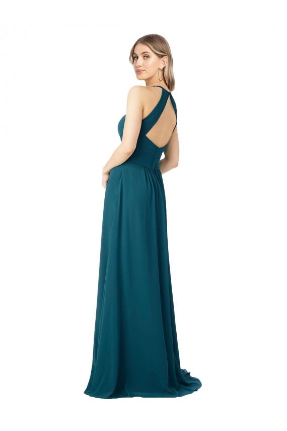 Günstige Windsor Blau A-Linien Stehkragen Ausschnitt Chiffon Lange Brautjungfernkleider