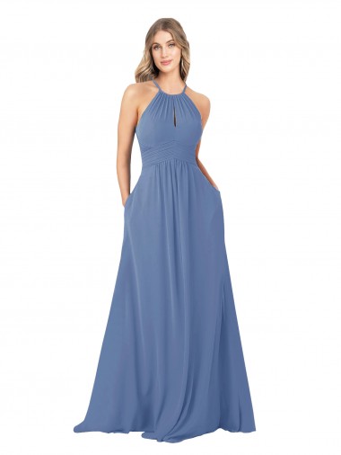 Günstige Windsor Blau A-Linien Stehkragen Ausschnitt Chiffon Lange Brautjungfernkleider