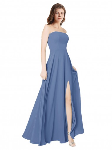 Günstige Windsor Blau A-Linien Trägerlos Chiffon Lange Brautjungfernkleider
