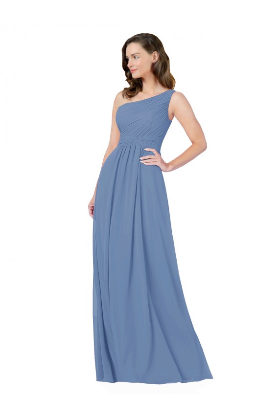 Günstige Windsor Blau Etui Eine-Schulter Chiffon Lange Brautjungfernkleider