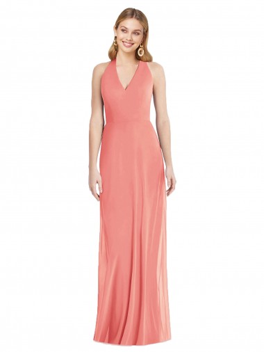 Günstige Wüstenrose Trompete Neckholder V-Ausschnitt Chiffon Lange Formale Brautjungfernkleider / Abendkleider